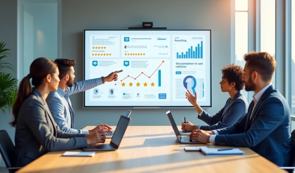 Equipe de negócios analisando reputação digital em tela grande em sala de reunião moderna