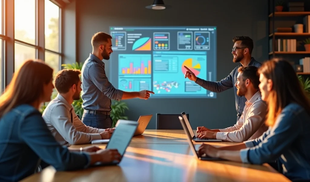 Equipe de trabalho reunida em uma sala moderna discutindo estratégias com laptops e gráficos digitais