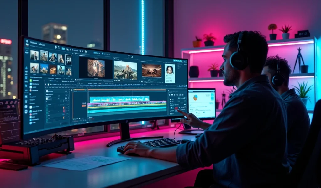 Profissionais editando vídeo corporativo em estação de trabalho moderna