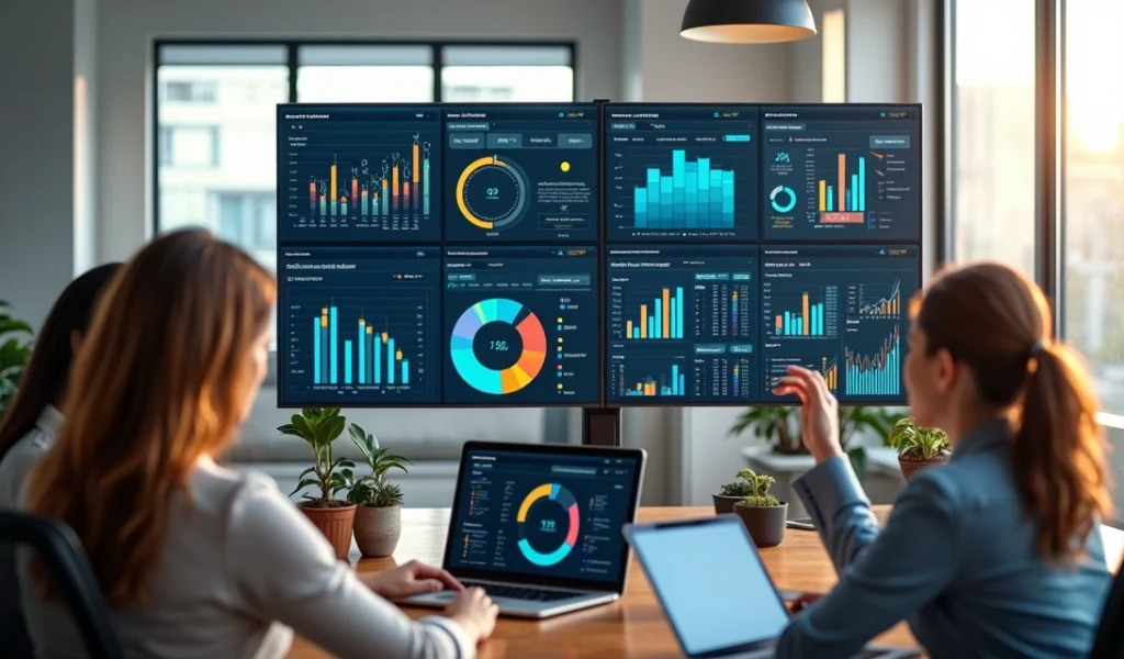 Equipe de marketing digital analisando dados de leads qualificados em telas modernas