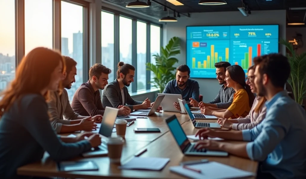 Equipe profissional trabalhando em estratégias de marketing digital com laptops e gráficos na tela