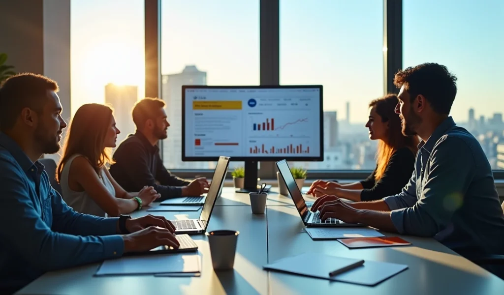 Equipe de profissionais em reunião estratégica de marketing digital em escritório moderno em Curitiba