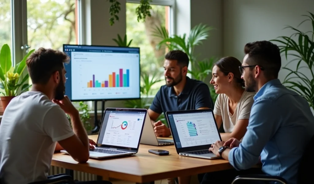 Equipe de marketing digital trabalhando em estratégias na mesa com laptops e gráficos na tela