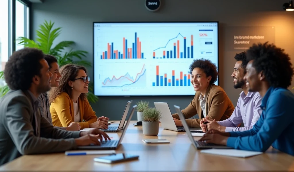 Equipe de marketing digital em reunião colaborativa com laptops e gráficos na tela