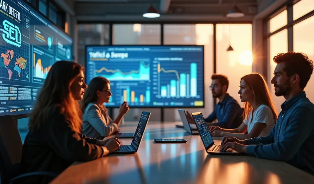 Equipe de marketing digital trabalhando em estratégias com computadores e gráficos na tela