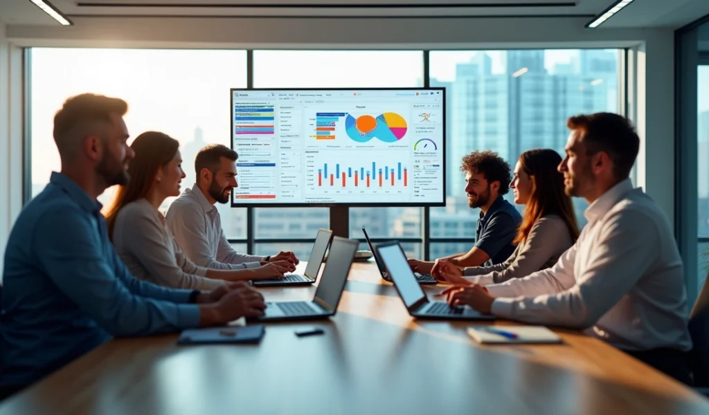 Equipe colaborando em escritório moderno com computadores, gráficos e estratégias de inbound marketing exibidas nas telas