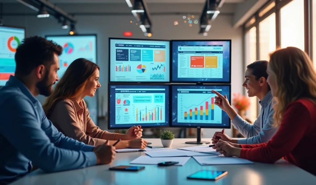 Equipe de marketing digital colaborando em escritório moderno com telas e gráficos de engajamento