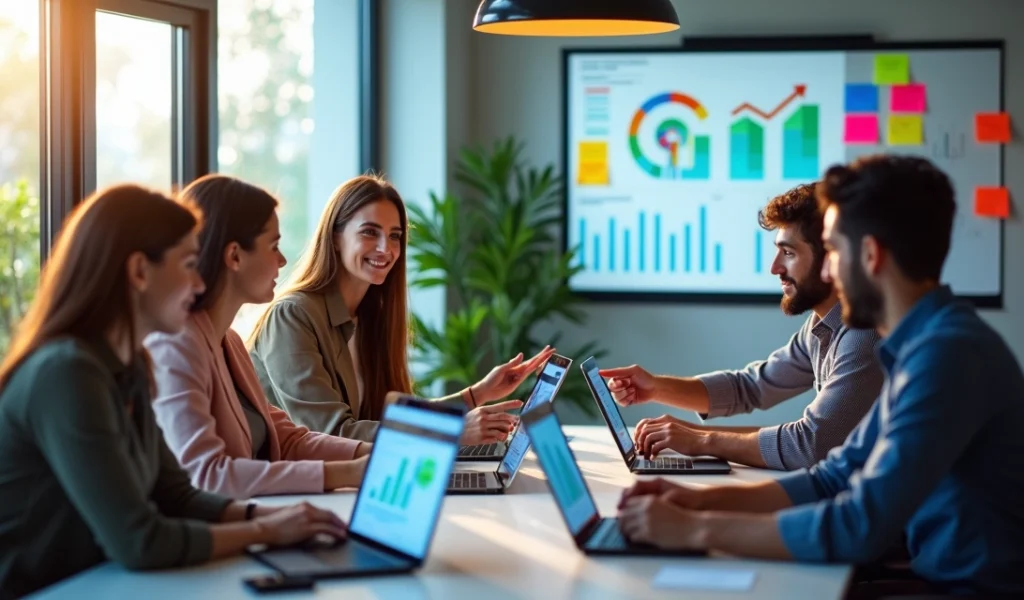 Equipe de marketing digital reunida em sala moderna, analisando estratégias em telas com gráficos e dados