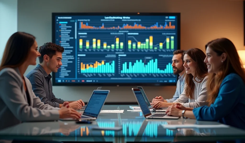 Equipe de marketing digital em reunião estratégica com gráficos de leads qualificados na tela