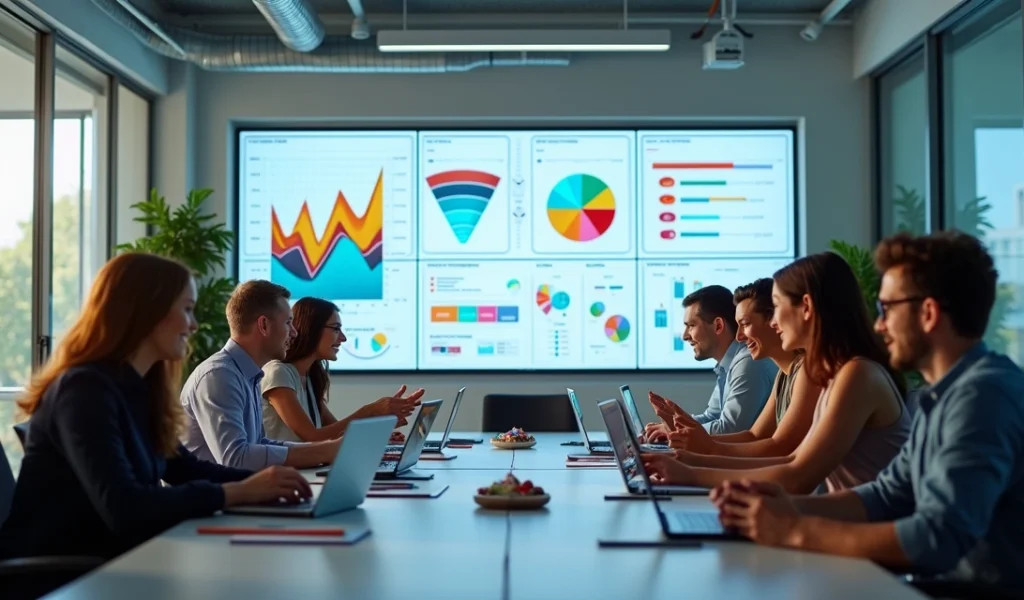 equipe-marketing-vendas-integracao-591.webp Equipe de marketing e vendas colaborando em escritório moderno com telas mostrando gráficos de desempenho e funil de vendas