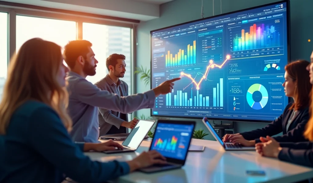 Equipe de marketing e vendas colaborando em frente a telas com gráficos de leads qualificados