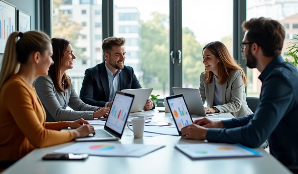 Equipe de profissionais de vendas trabalhando em escritório moderno com laptop e gráficos de desempenho na tela