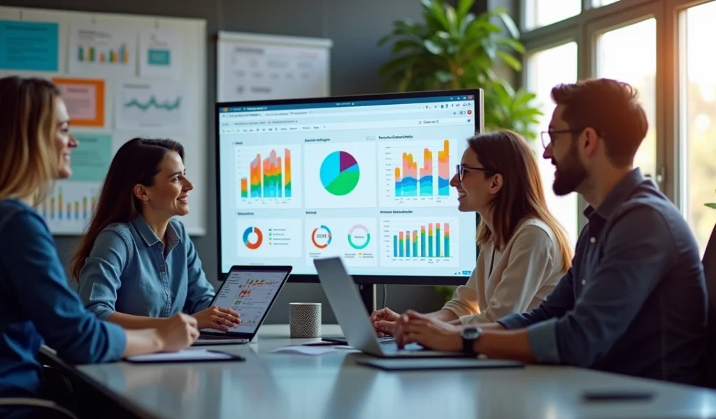 Equipe de profissionais de social media trabalhando em escritório moderno com computadores e gráficos de desempenho na tela