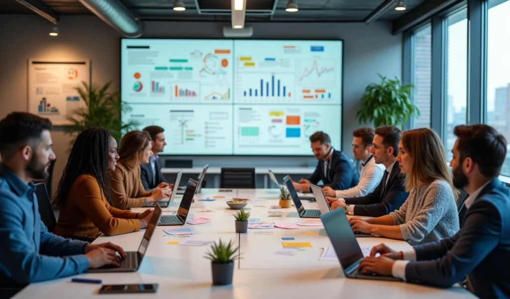 Equipe de profissionais de marketing digital trabalhando em estratégias de inbound marketing com laptops e gráficos