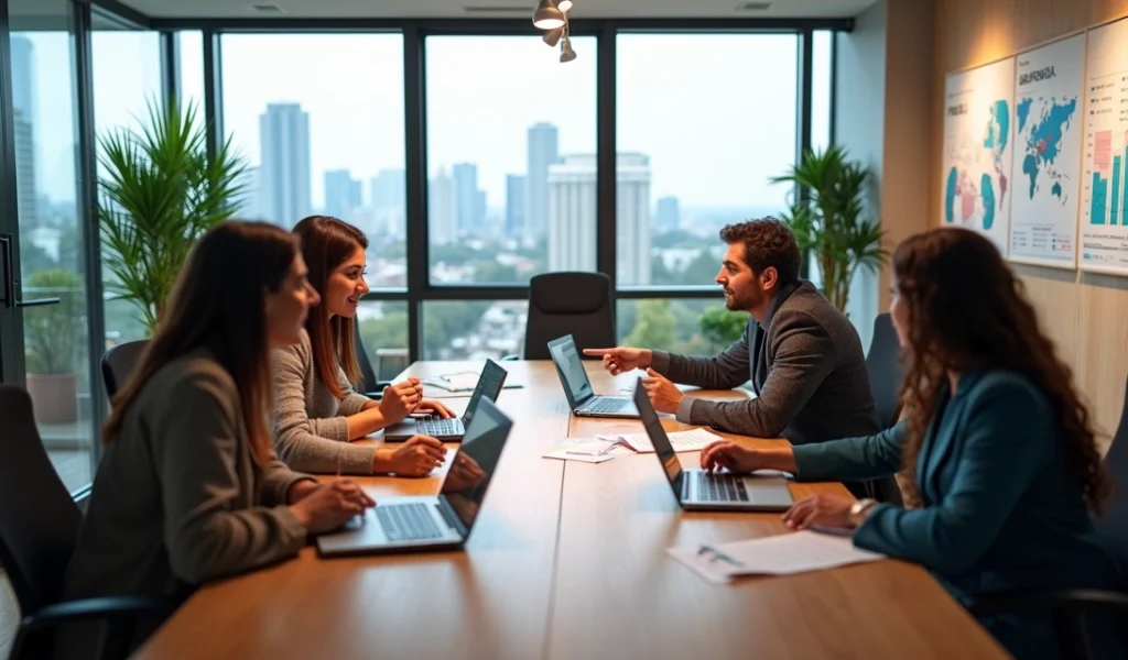 Equipe de vendas reunida em escritório moderno em Curitiba, planejando estratégias de prospecção B2B