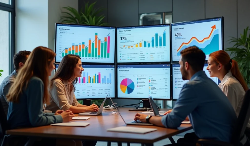 Equipe de marketing digital reunida diante de telas com gráficos e ícones digitais de leads e funil de vendas