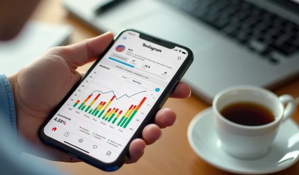 Tela de celular mostrando uma análise de perfil Instagram com gráficos de engajamento e comentários destacados