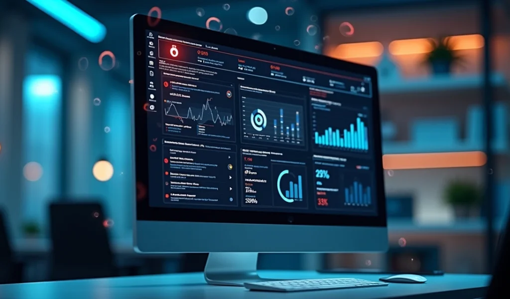 Computador exibindo gráfico de SEO com erros destacados em vermelho e elementos digitais ao redor