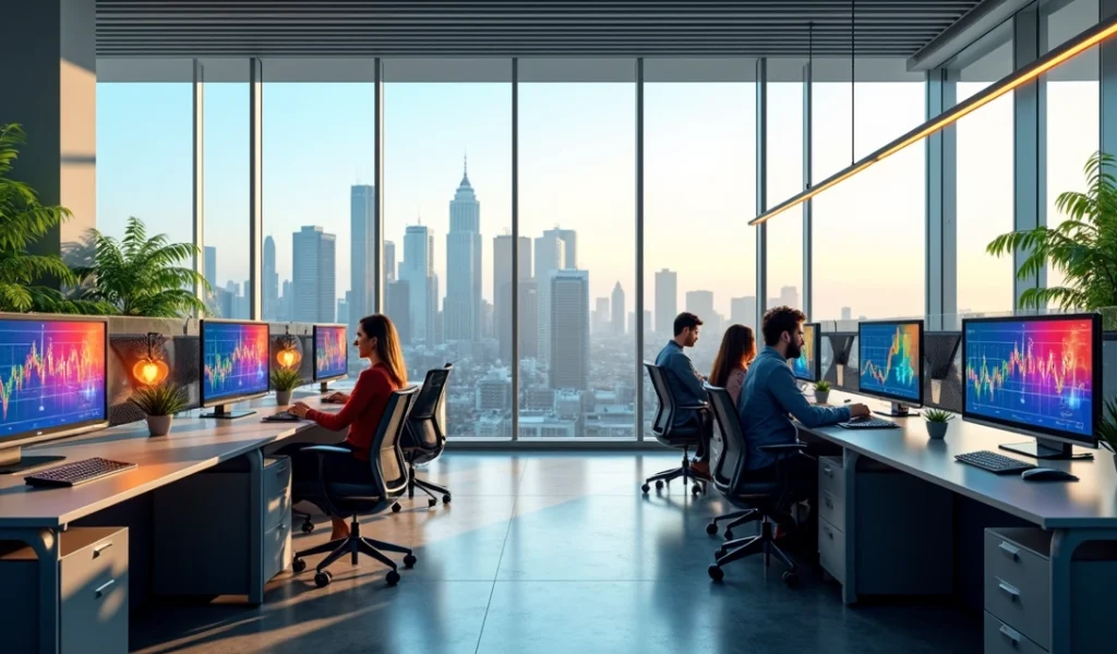 Escritório moderno de agência de marketing em São Paulo com computadores, gráficos digitais e vista panorâmica da cidade