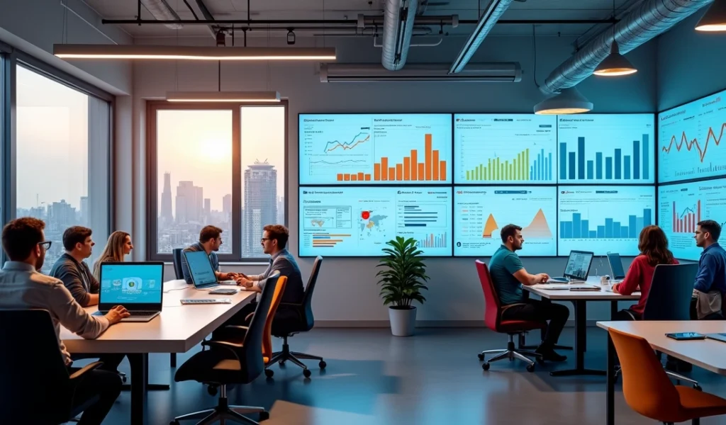 Escritório moderno de agência de marketing digital em São Paulo com equipe trabalhando em estratégias de marketing e telas com gráficos de desempenho