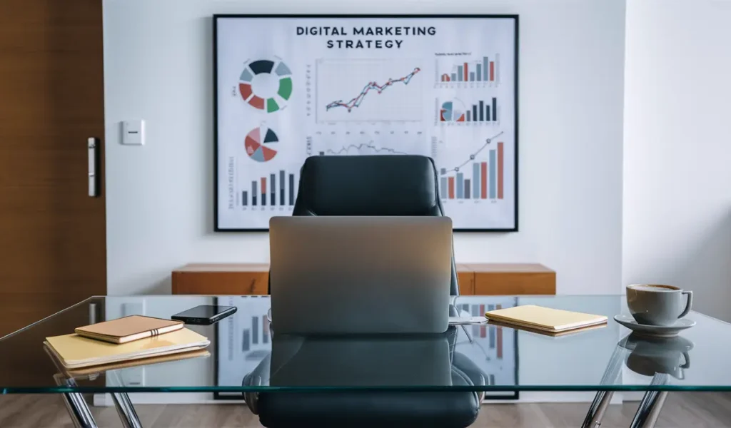 escritorio-estrategia-de-marketing.webp Escritório moderno com mesa de vidro, laptop, smartphone e quadro de estratégia de marketing digital na parede.