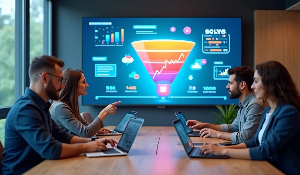 Equipe de marketing digital analisando dados em telas com funil de vendas ao fundo