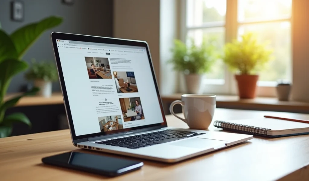 Mesa de trabalho com laptop exibindo post de blog, ao lado cadernos, café e smartphone, ambiente moderno e iluminado