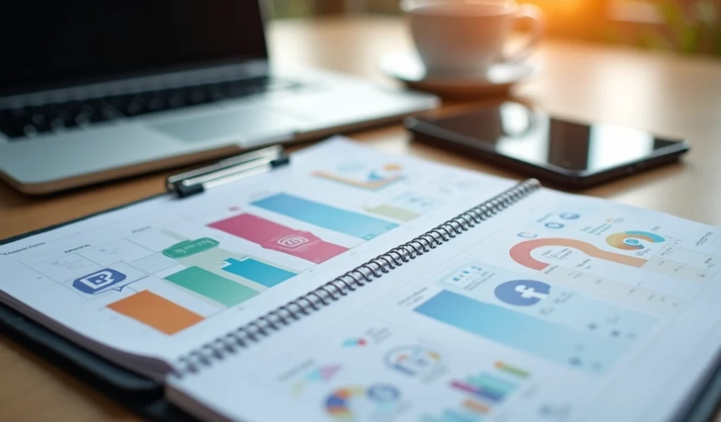 Mesa de trabalho com laptop, smartphone e planner aberto mostrando calendário editorial para redes sociais, ambientes com gráficos coloridos e ícones de redes sociais ao fundo