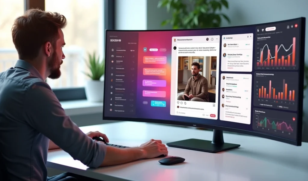 Estrategista digital analisando hashtags do Instagram em dashboard colorido