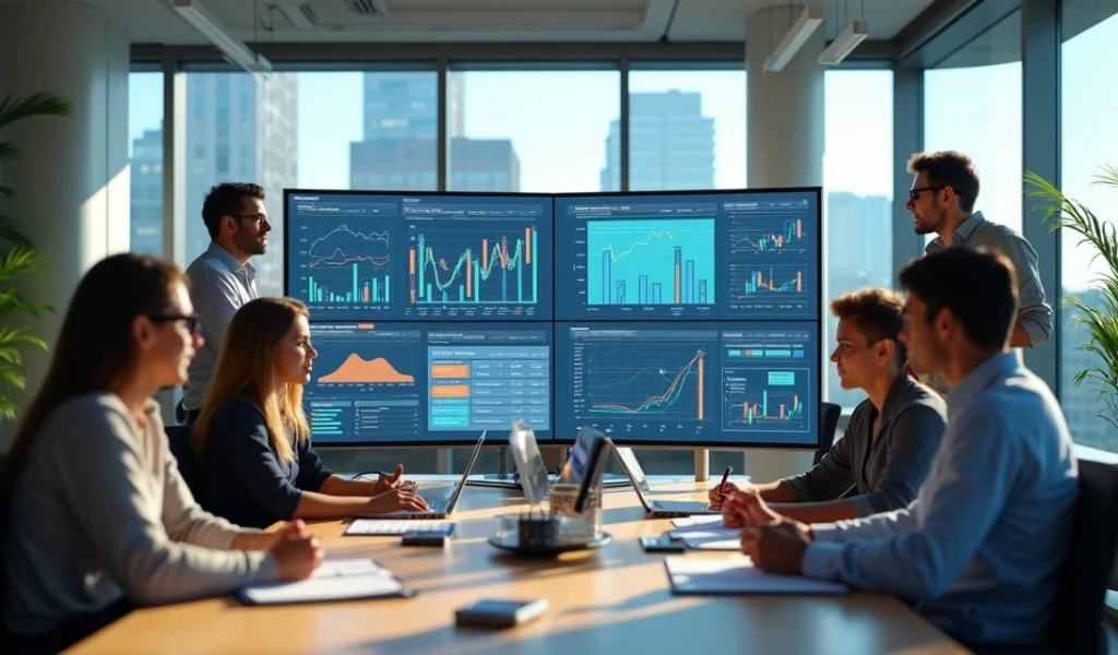 Equipe de marketing digital analisando gráficos e dados em múltiplas telas de computador