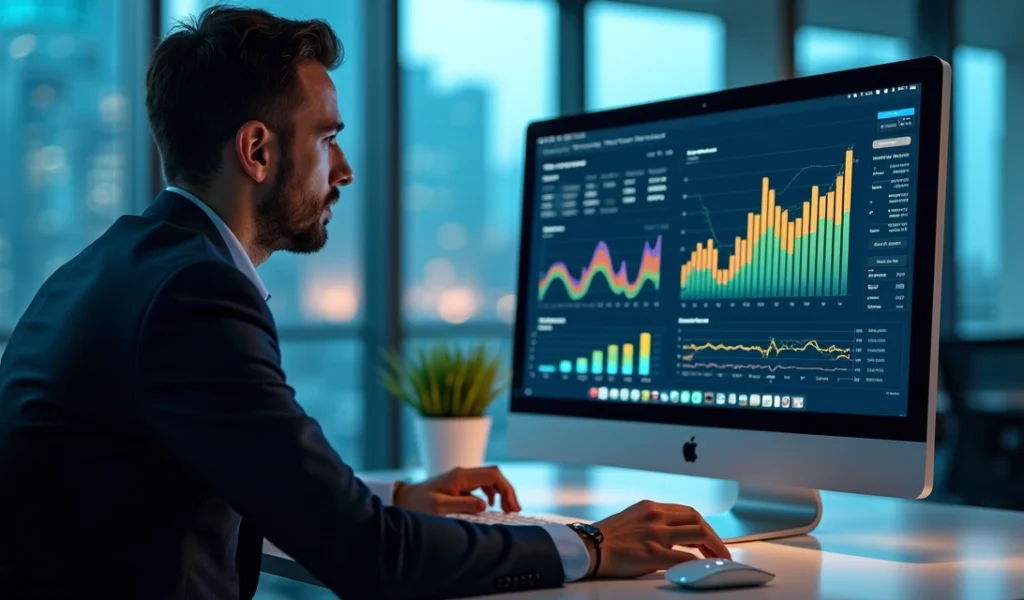 Profissional analisando gráficos de marketing digital em tela de computador moderno