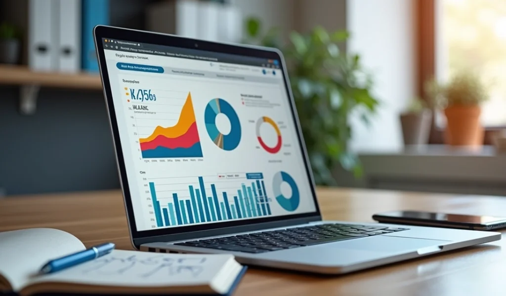 Mesa de trabalho com laptop aberto mostrando gráficos de marketing digital, smartphone com redes sociais, cadernos e caneta, ambiente moderno e iluminado