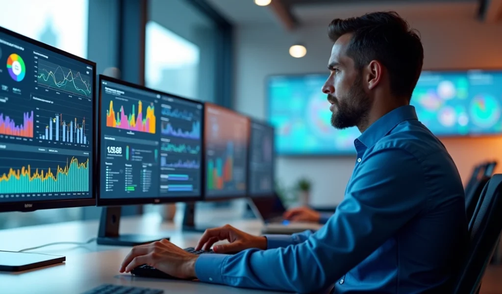 Profissional analisando dados em telas digitais com gráficos e perfis de clientes para marketing personalizado