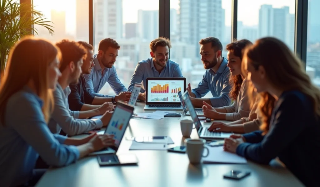 Equipe de profissionais em reunião estratégica com gráficos digitais e laptops modernos