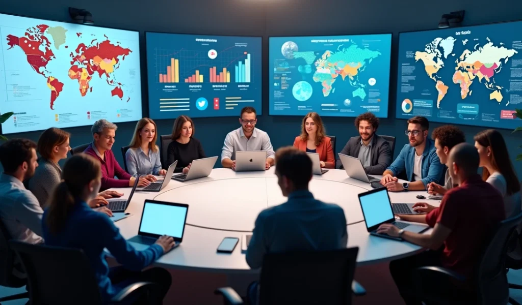 Ilustração realista de 12 personagens representando arquétipos diversos em volta de uma mesa com elementos de vendas e marketing digital vibrantes e coloridos