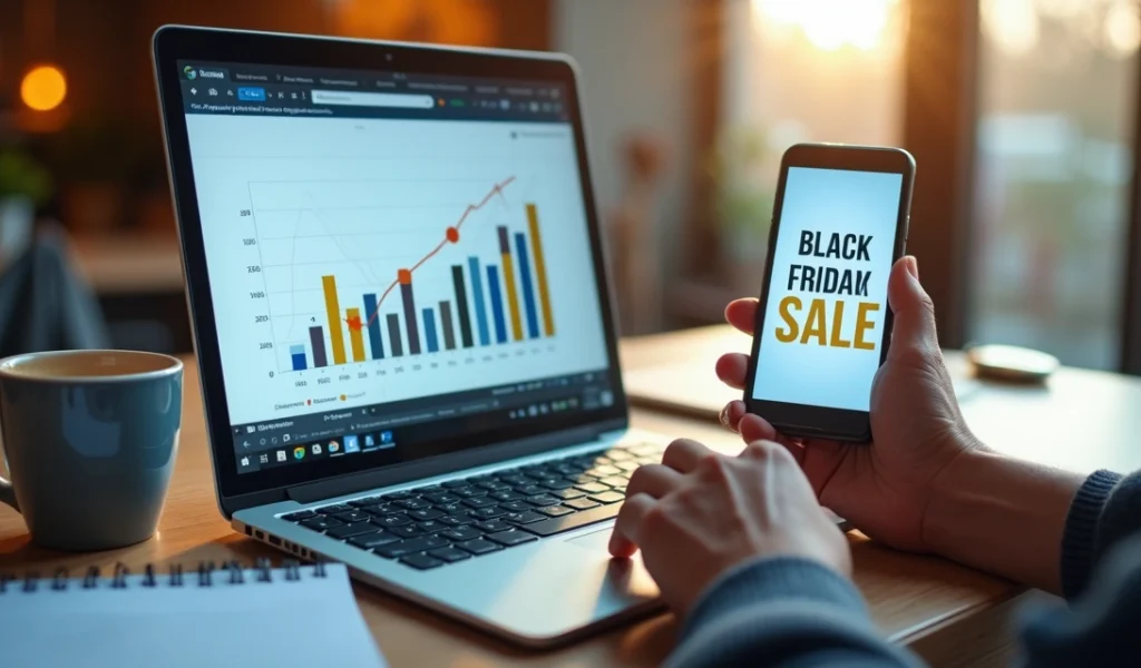 Mesa com notebook aberto mostrando gráficos de vendas, smartphone ao lado com layout de anúncio de Black Friday, xícaras de café, blocos de anotação e mãos digitando. Cena vibrante e iluminada, ambien