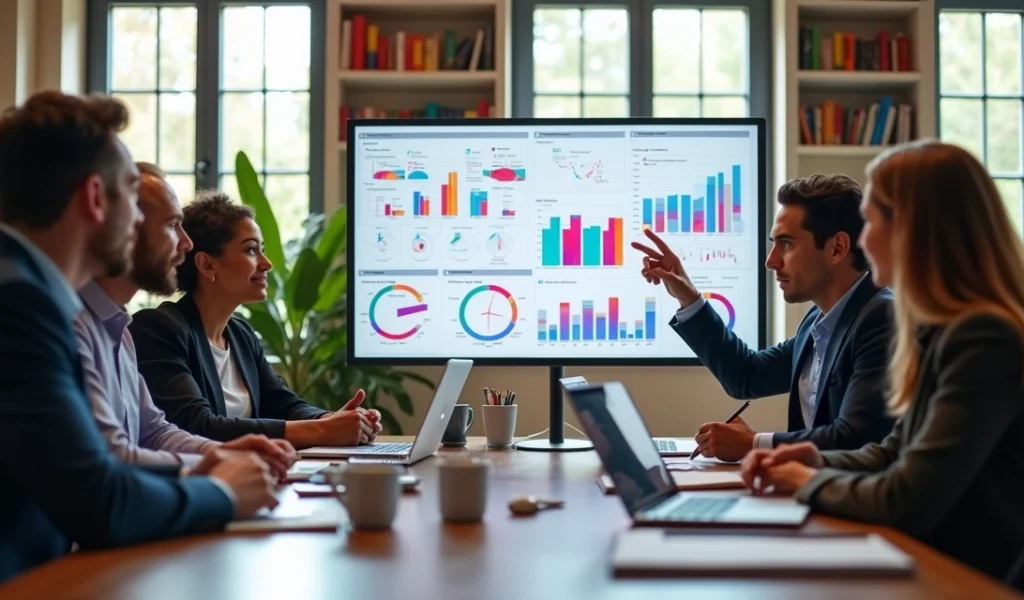 Equipe de marketing analisando dados e gráficos para aumentar o valor do cliente ao longo do tempo