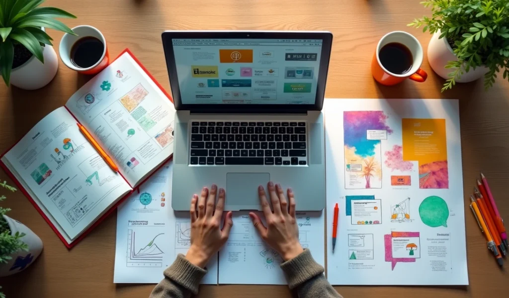 Mesa com elementos de branding incluindo laptop, cadernos, logotipo colorido e gráficos de marca