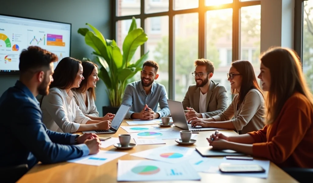 Pessoas em reunião criativa discutindo estratégias de marketing digital com gráficos e tablets ao redor da mesa