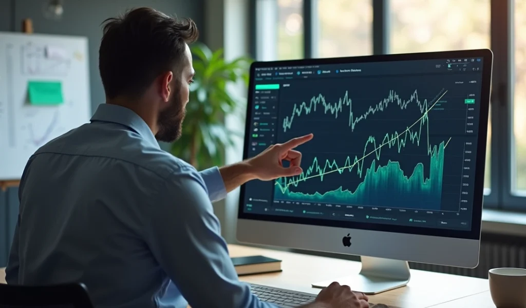 Profissional analisando gráficos digitais no computador em escritório moderno com anotações sobre vendas e marketing