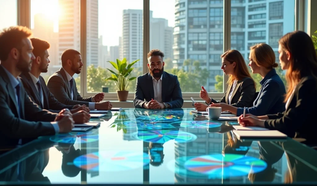 Profissionais de negócios reunidos em sala moderna planejando estratégias ESG em gráficos digitais