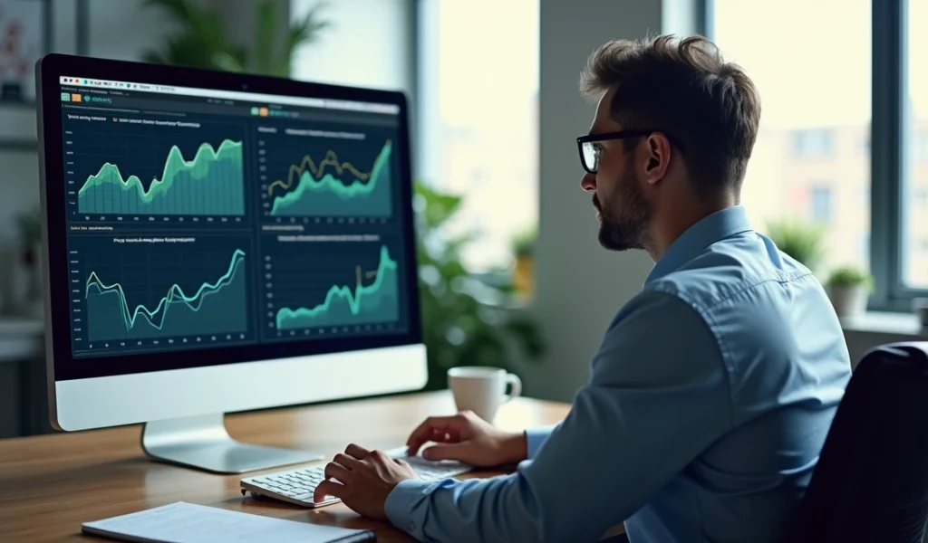 Profissional analisa gráficos digitais em tela de computador mostrando crescimento de leads orgânicos