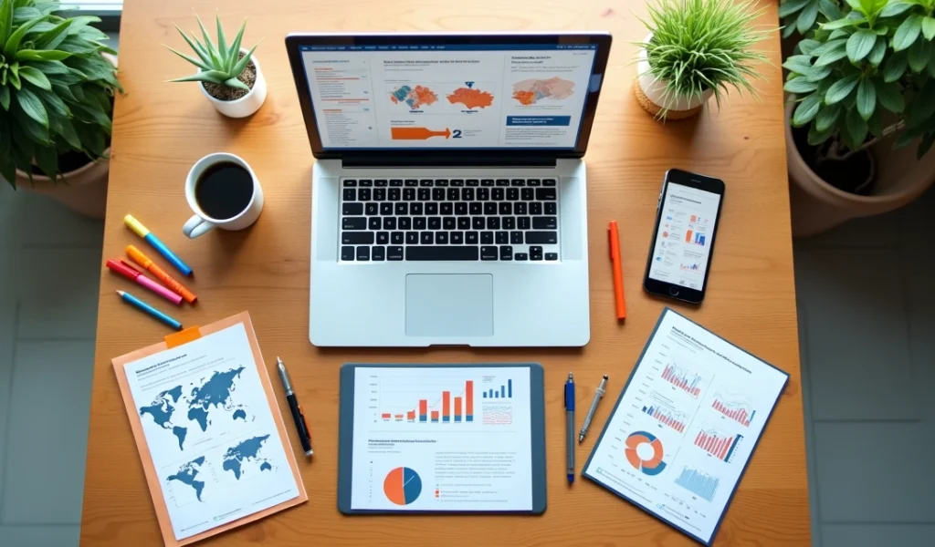 Mesa de trabalho com laptop, gráficos de métricas de marketing digital e anotações sobre estratégias de inbound marketing