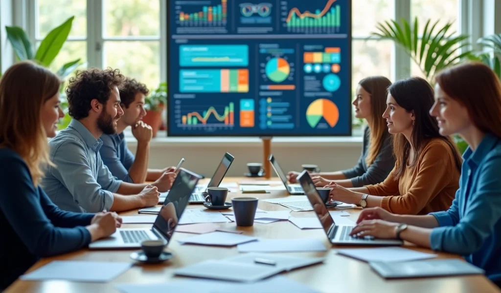 Equipe discutindo estratégias de inbound marketing com gráficos e computadores