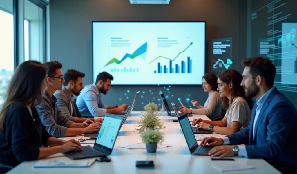 Equipe de marketing discutindo estratégias de inbound marketing com gráficos e computadores em ambiente moderno