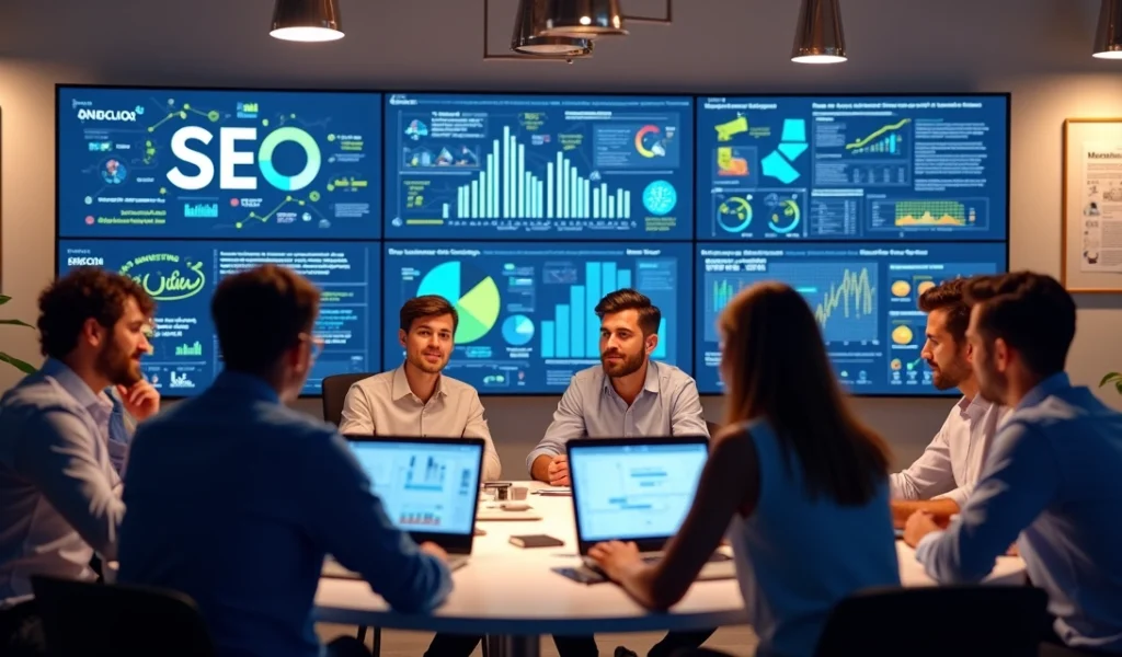 Equipe de profissionais discutindo estratégias digitais com gráficos de SEO e marketing nas telas