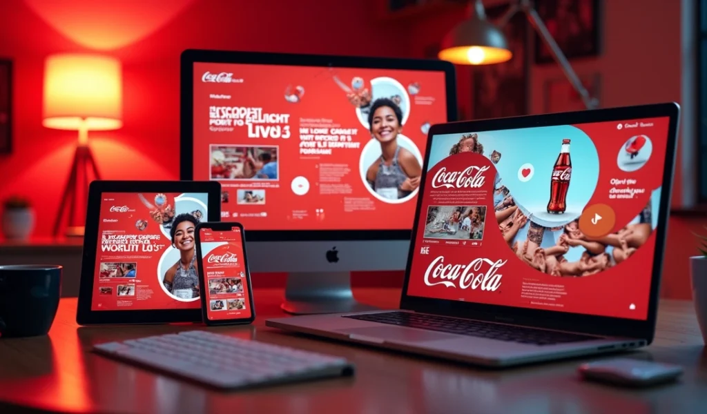 Vários dispositivos digitais exibindo campanhas publicitárias da Coca-Cola em redes sociais e plataformas de ads