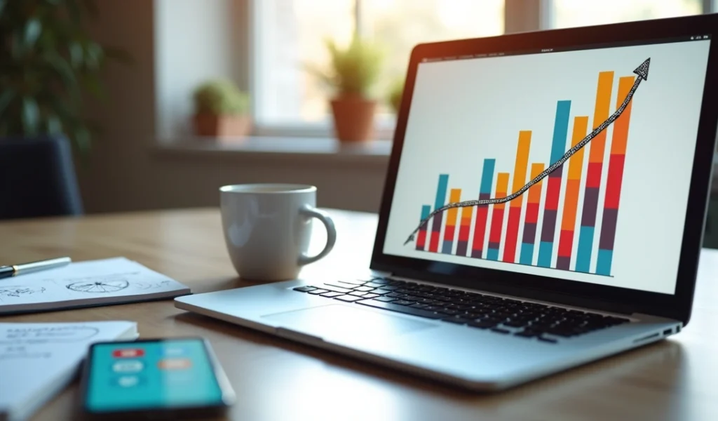 Mesa de trabalho com laptop aberto mostrando gráfico de crescimento, anotações e ícones de redes sociais ao redor
