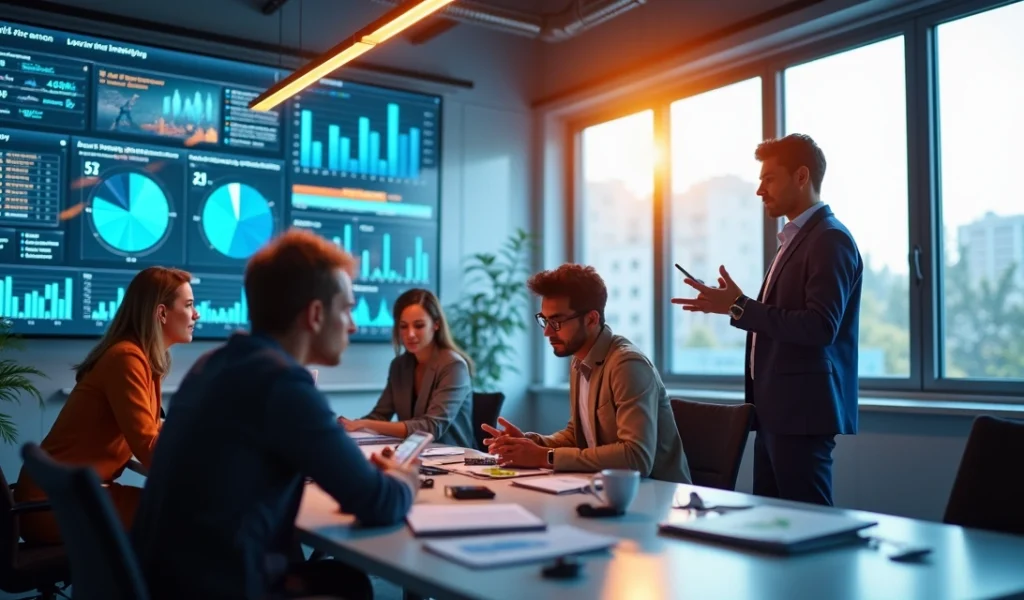 Equipe de marketing digital analisando gráficos e telas com dados de vendas e automação em ambiente moderno