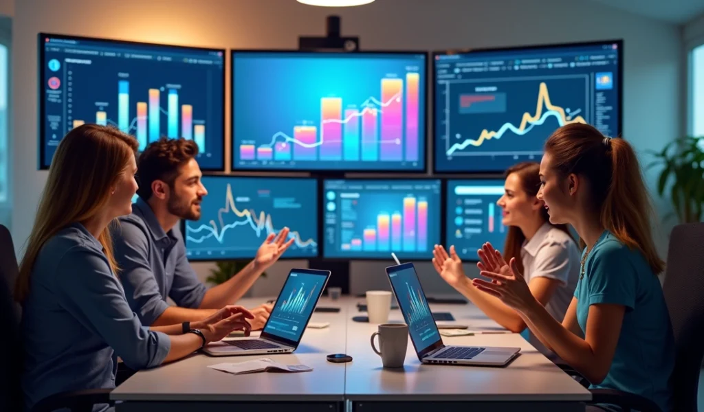 Equipe de profissionais de marketing digital trabalhando com telas mostrando gráficos, redes sociais e anúncios digitais